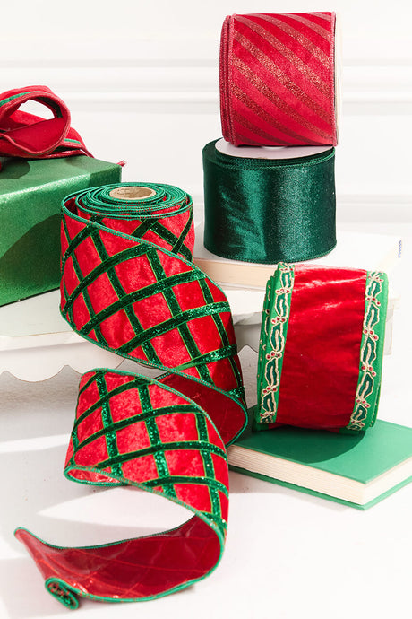 4" x 5 Yard Holly Leaves Edged Red Velvet Ribbon