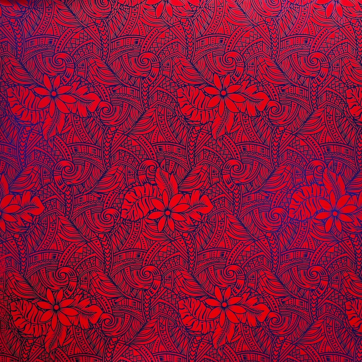 Traditional Polynesia Tattoo Gardenia Taitensis & Tropical Leaves Polyester Fabric - Foil Print, Tropical Leaves, 36" X 60" (1 Yard)