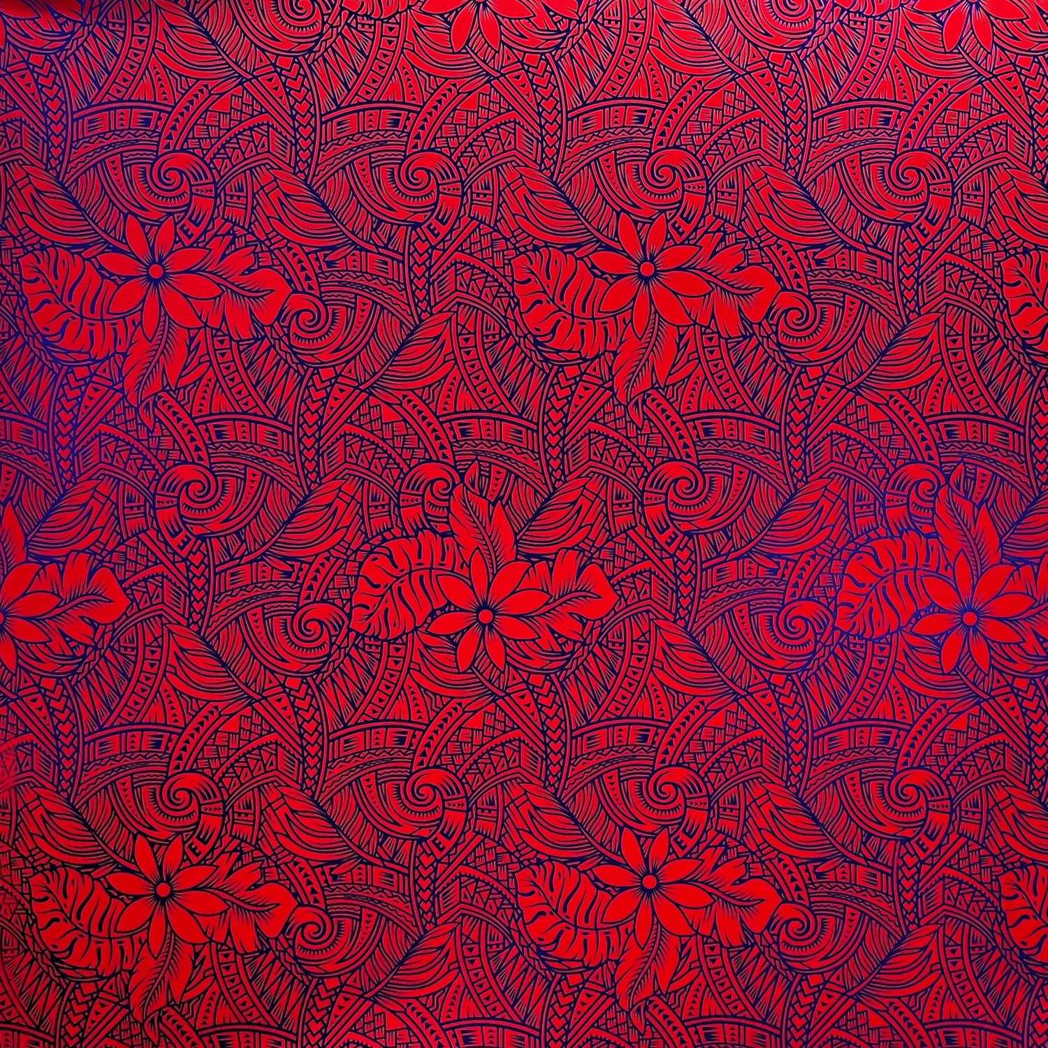 Traditional Polynesia Tattoo Gardenia Taitensis & Tropical Leaves Polyester Fabric - Foil Print, Tropical Leaves, 36" X 60" (1 Yard)