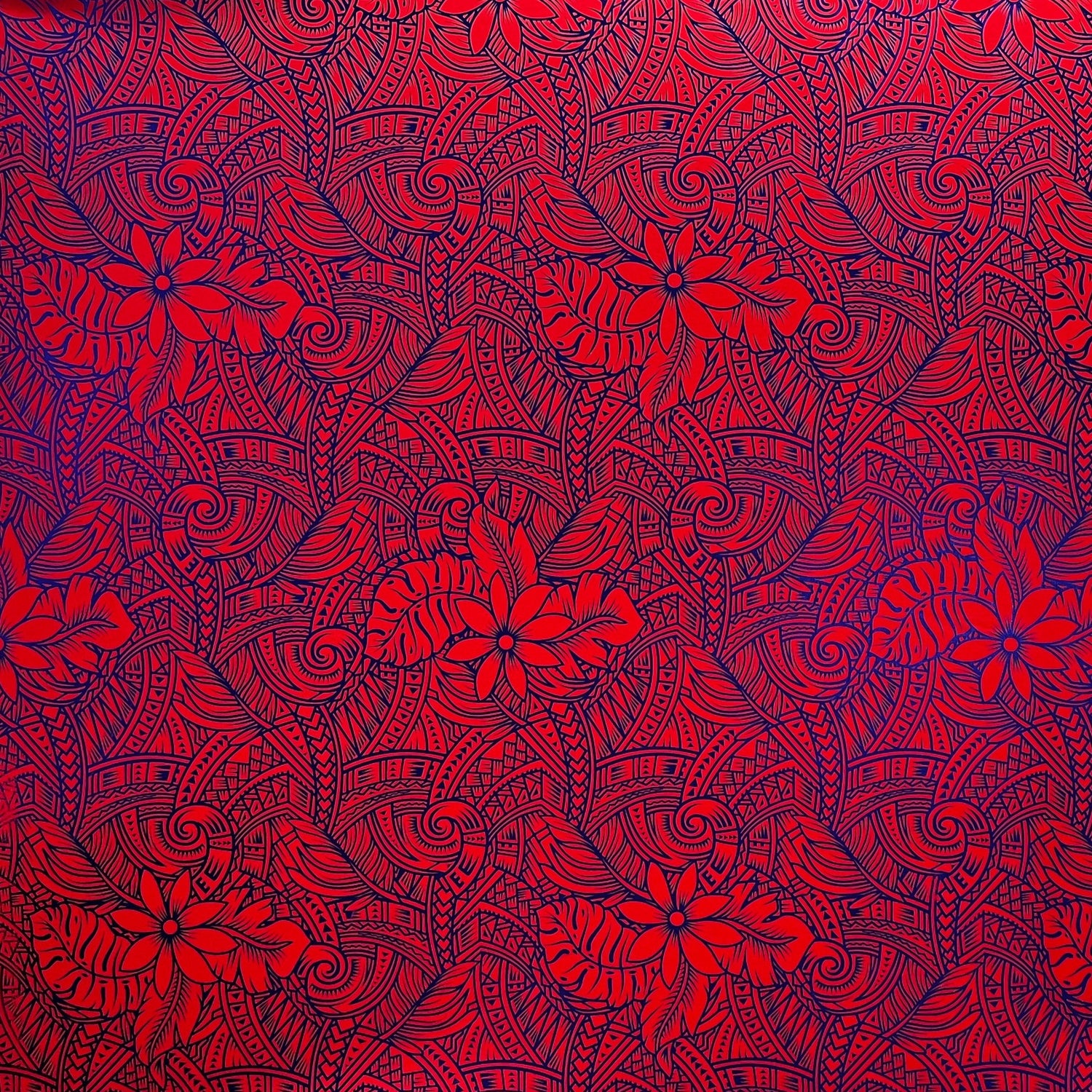 Traditional Polynesia Tattoo Gardenia Taitensis & Tropical Leaves Polyester Fabric - Shiny Foil, Tropical Leaves, 36" X 60" (1 Yard)