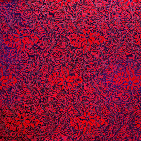 Traditional Polynesia Tattoo Gardenia Taitensis & Tropical Leaves Polyester Fabric - Shiny Foil, Tropical Leaves, 36" X 60" (1 Yard)