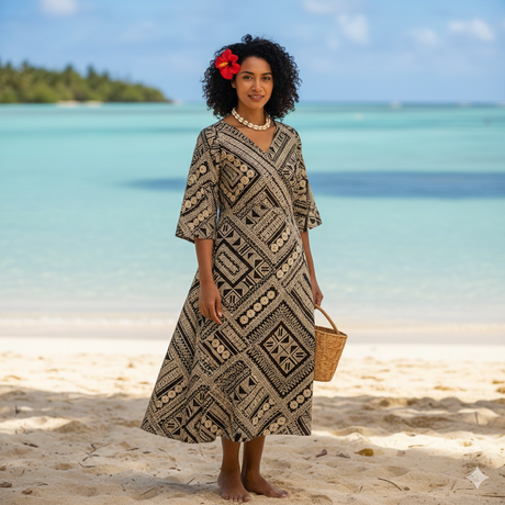 Traditional Polynesian Geometric Design Cotton Light Barkcloth Fabric - Brown, Dark Brown, 45" Width (1 Yard)