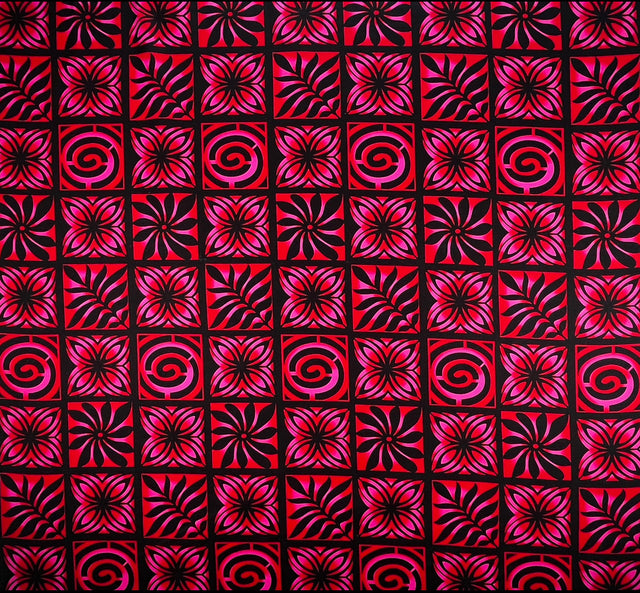 Traditional Polynesian Tapa Checkered Design Cotton Light Barkcloth Fabric - Fuchsia & Black, Rust & Cream, Navy & Gold, Blue & Yellow, Green & Blue, 45" Width (1 Yard)