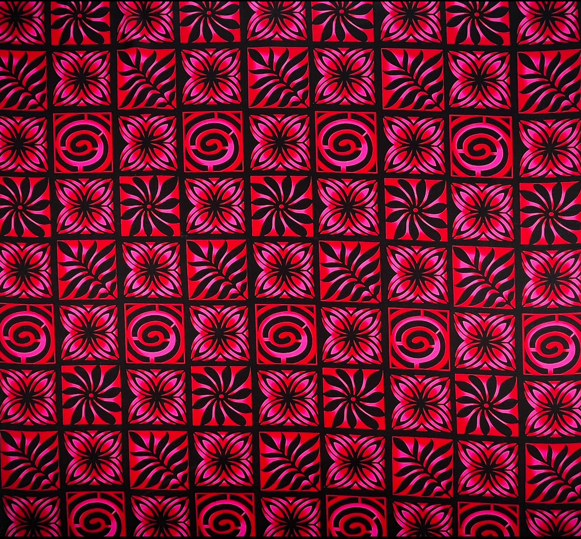 Traditional Polynesian Tapa Checkered Design Cotton Light Barkcloth Fabric - Fuchsia & Black, 45" Width (1 Yard)