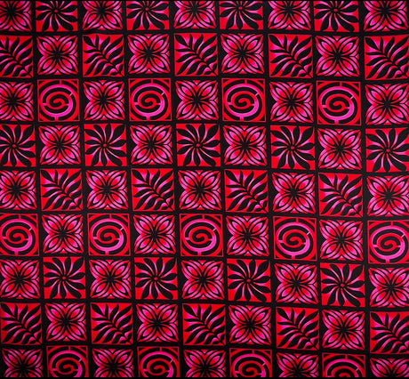 Traditional Polynesian Tapa Checkered Design Cotton Light Barkcloth Fabric - Fuchsia & Black, 45" Width (1 Yard)