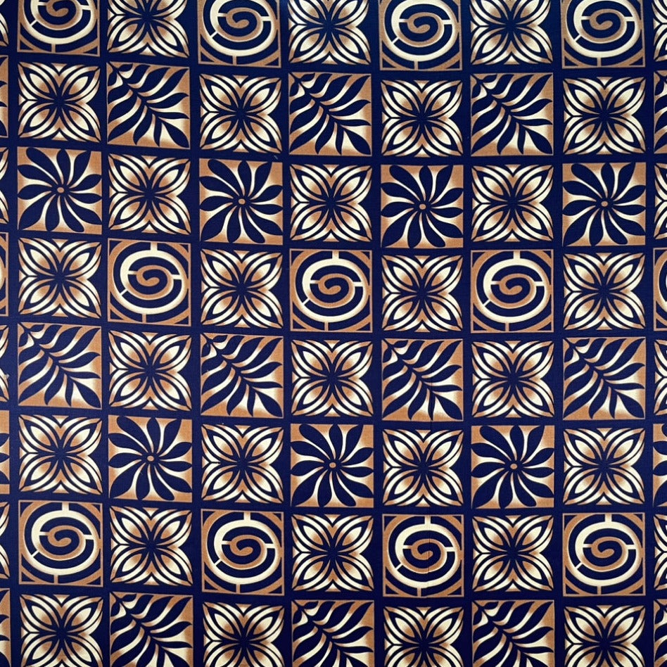 Traditional Polynesian Tapa Checkered Design Cotton Light Barkcloth Fabric - Fuchsia & Black, Rust & Cream, Navy & Gold, Blue & Yellow, Green & Blue, 45" Width (1 Yard)