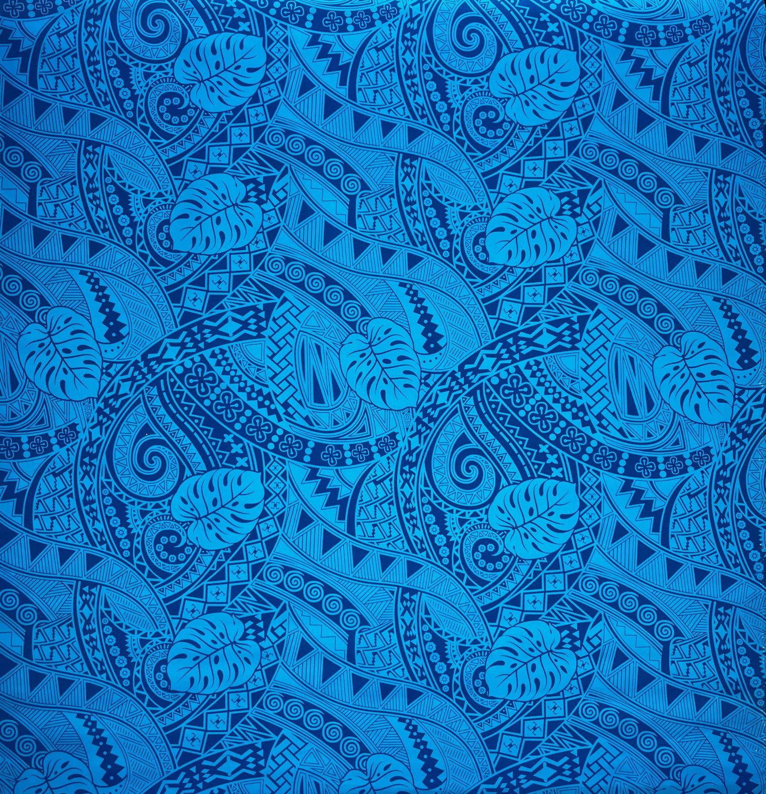 Traditional Polynesian Tapa Monstera Leaves Design Polyester Fabric - Yellow/Navy, 45" Width (1 Yard)