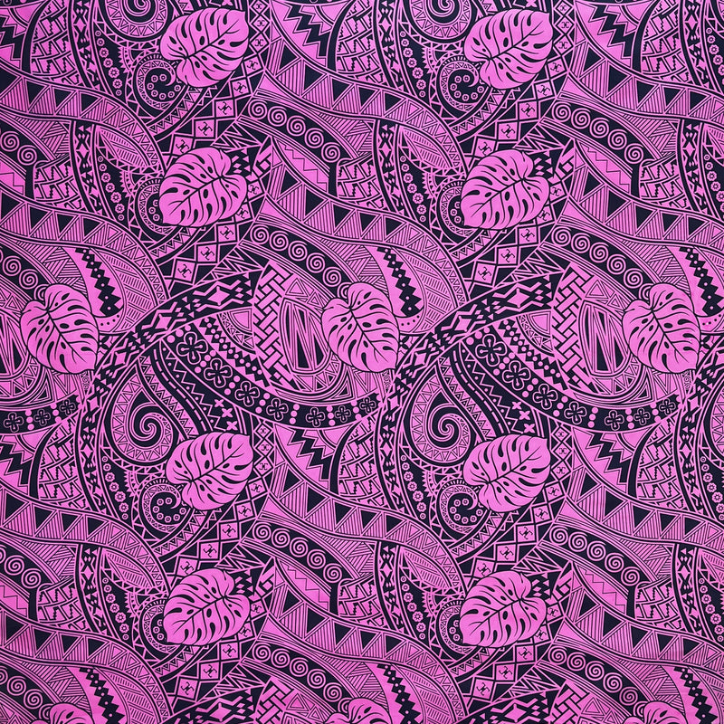 Traditional Polynesian Tapa Monstera Leaves Design Polyester Fabric - Yellow/Navy, Pink/Black, Yellow/Brown, Green/Dark Green, Blue/Dark Blue, 45" Width (1 Yard)