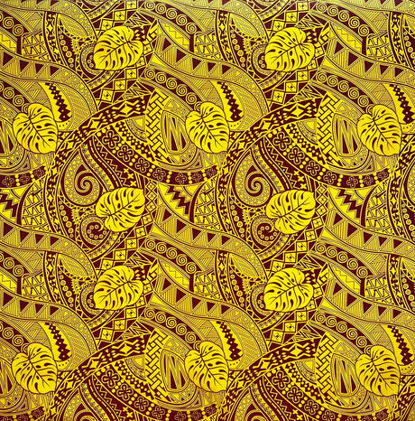 Traditional Polynesian Tapa Monstera Leaves Design Polyester Fabric - Yellow/Navy, Pink/Black, Yellow/Brown, Green/Dark Green, Blue/Dark Blue, 45" Width (1 Yard)