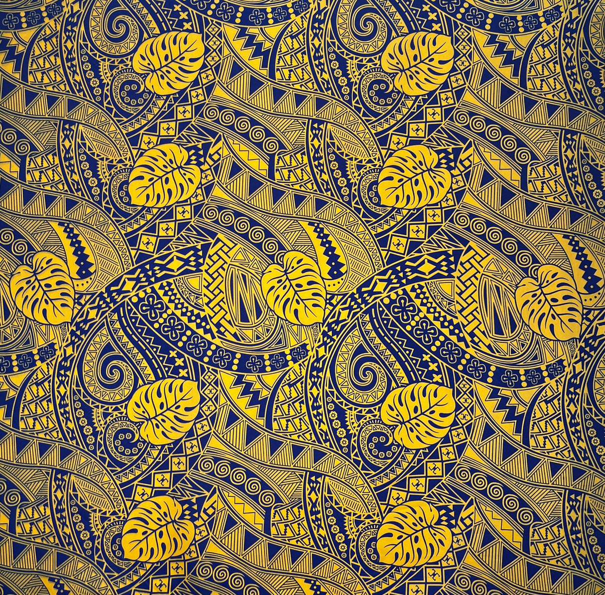 Traditional Polynesian Tapa Monstera Leaves Design Polyester Fabric - Yellow/Navy, Pink/Black, Yellow/Brown, Green/Dark Green, Blue/Dark Blue, 45" Width (1 Yard)