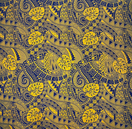 Traditional Polynesian Tapa Monstera Leaves Design Polyester Fabric - Yellow/Navy, Pink/Black, Yellow/Brown, Green/Dark Green, Blue/Dark Blue, 45" Width (1 Yard)