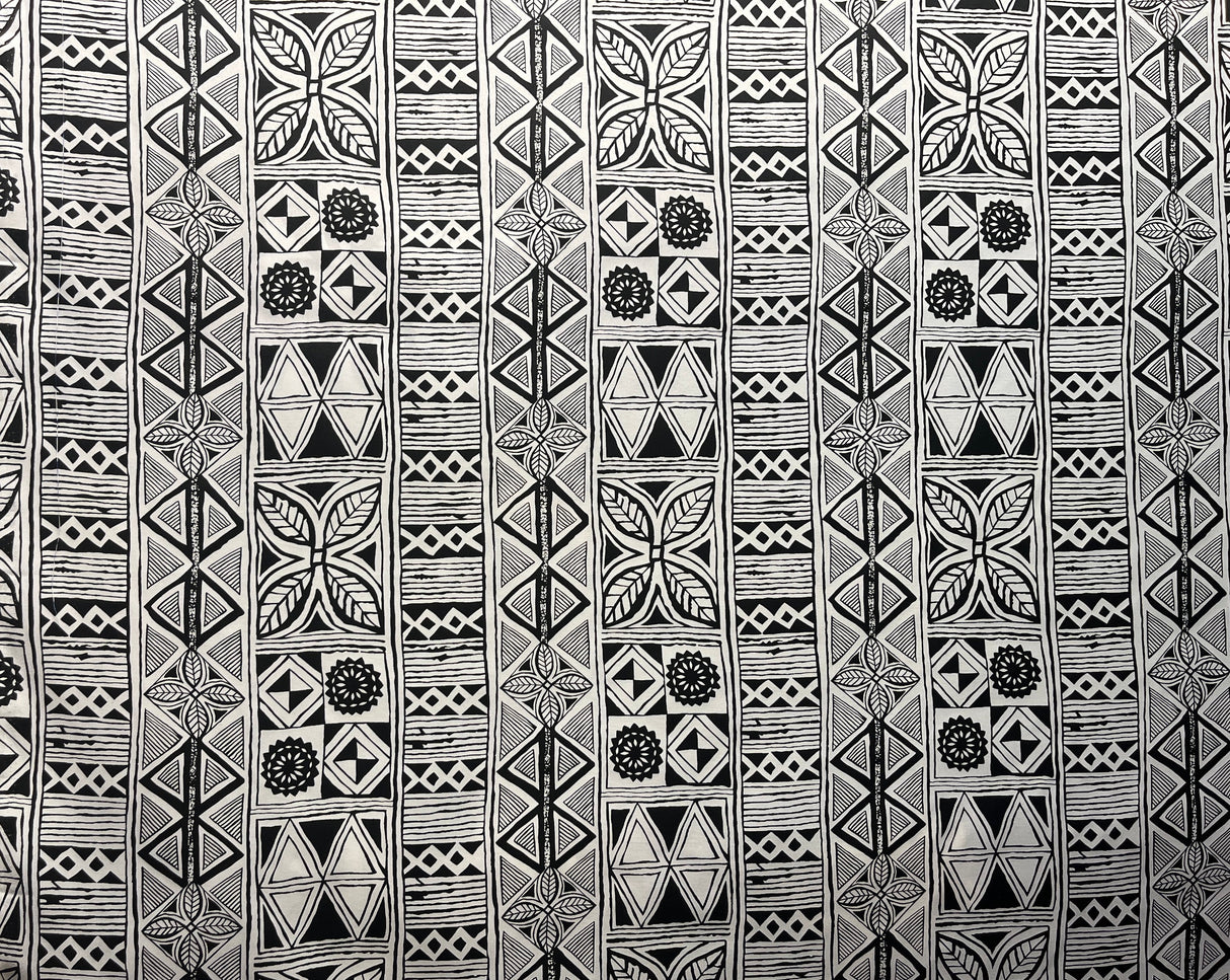 Traditional Polynesian Tapa Polyester Fabric - Black, White, Polynesian Tribal Tattoo Print, 60" Width (1 Yard)