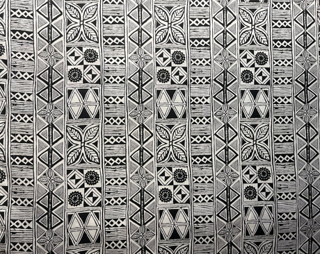 Traditional Polynesian Tapa Polyester Fabric - Black, White, Polynesian Tribal Tattoo Print, 60" Width (1 Yard)