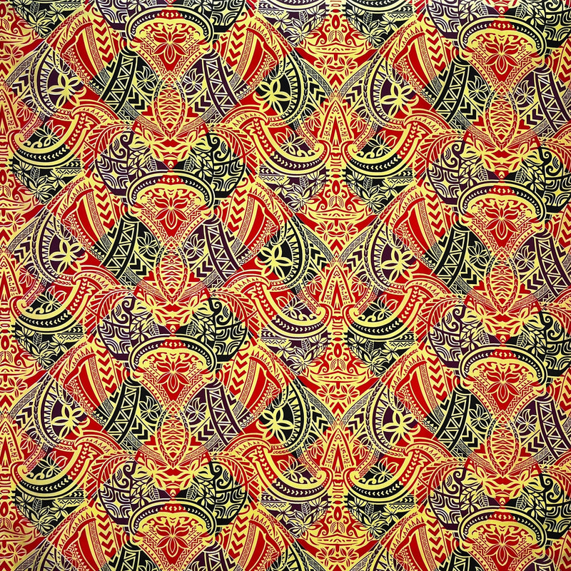 Traditional Polynesian Tattoo All Over Design Polyester Fabric - Red/Black/Yellow, 45" Width (1 Yard)