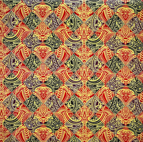 Traditional Polynesian Tattoo All Over Design Polyester Fabric - Red/Black/Yellow, 45" Width (1 Yard)