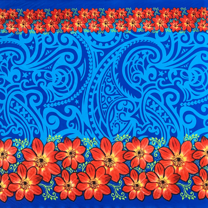 Traditional Polynesian Tattoo Daisy Double Border Polyester Fabric - Purple, Gray, Red, Royal, Green, Fuchsia, 44/45" Width, Double Border (1 Yard)