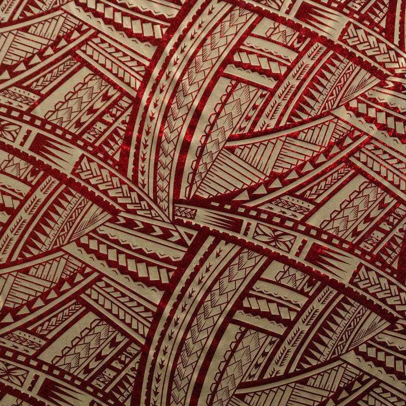 Traditional Polynesian Tattoo Design Foil Polyester Fabric - Royal/White, Beige/Red, Black/Silver, Red/Gold, White/Charcoal, 36" X 60" (1 Yard)