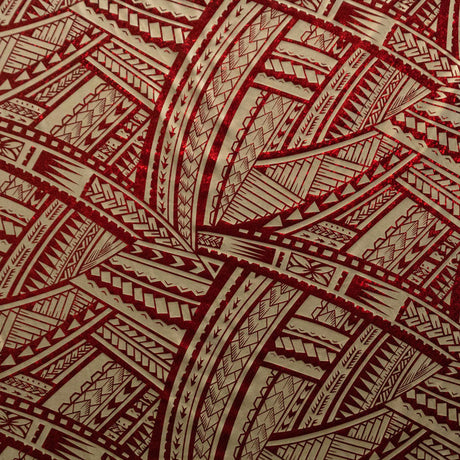 Traditional Polynesian Tattoo Design Polyester Foil Fabric - Royal/White, Beige/Red, Black/Silver, Red/Gold, White/Charcoal, 36" X 60" (1 Yard)