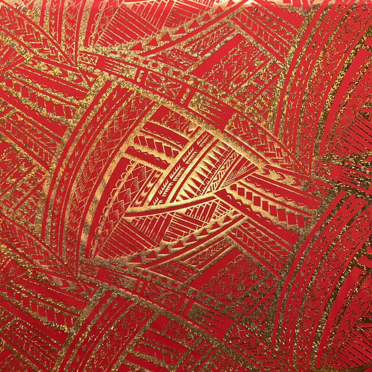 Traditional Polynesian Tattoo Design Foil Polyester Fabric - Royal/White, Beige/Red, Black/Silver, Red/Gold, White/Charcoal, 36" X 60" (1 Yard)