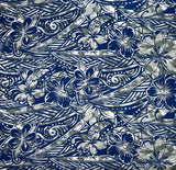 Traditional Polynesian Tattoo Hibiscus Plumeria Swirls Design Cotton Fabric - Blue/ Red, Blue/ Grey, Red/ White, Orange/ Blue, Green/ Navy, 36" X 45" (1 Yard)