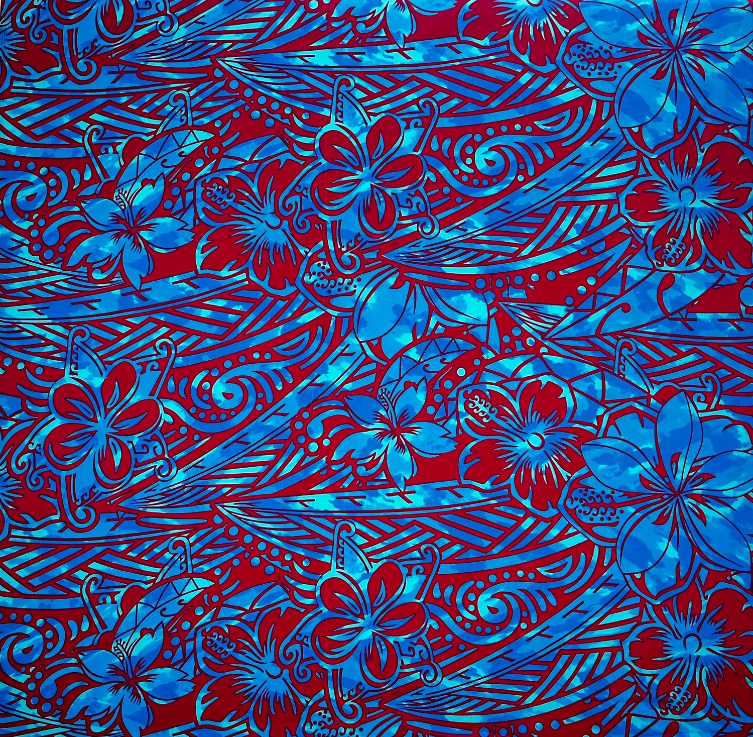 Traditional Polynesian Tattoo Hibiscus Plumeria Swirls Design Cotton Fabric - Blue/ Red, Blue/ Grey, Red/ White, Orange/ Blue, Green/ Navy, 36" X 45" (1 Yard)