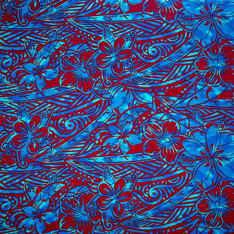 Traditional Polynesian Tattoo Hibiscus Plumeria Swirls Design Cotton Fabric - Orange/ Blue, Blue/ Grey, Red/ White, Blue/ Red, Green/ Navy, 36" X 45" (1 Yard)