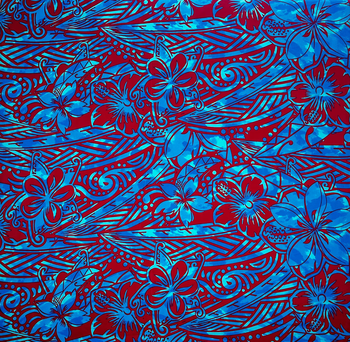 Traditional Polynesian Tattoo Hibiscus Plumeria Swirls Design Cotton Fabric - Orange/ Blue, Blue/ Grey, Red/ White, Blue/ Red, Green/ Navy, 36" X 45" (1 Yard)