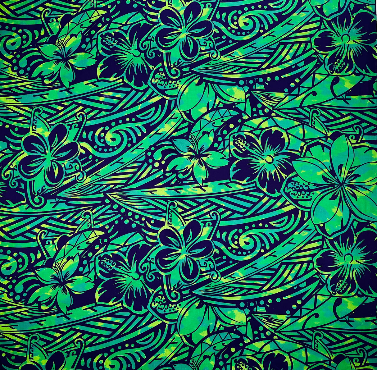 Traditional Polynesian Tattoo Hibiscus Plumeria Swirls Design Cotton Fabric - Blue/ Red, Blue/ Grey, Red/ White, Orange/ Blue, Green/ Navy, 36" X 45" (1 Yard)