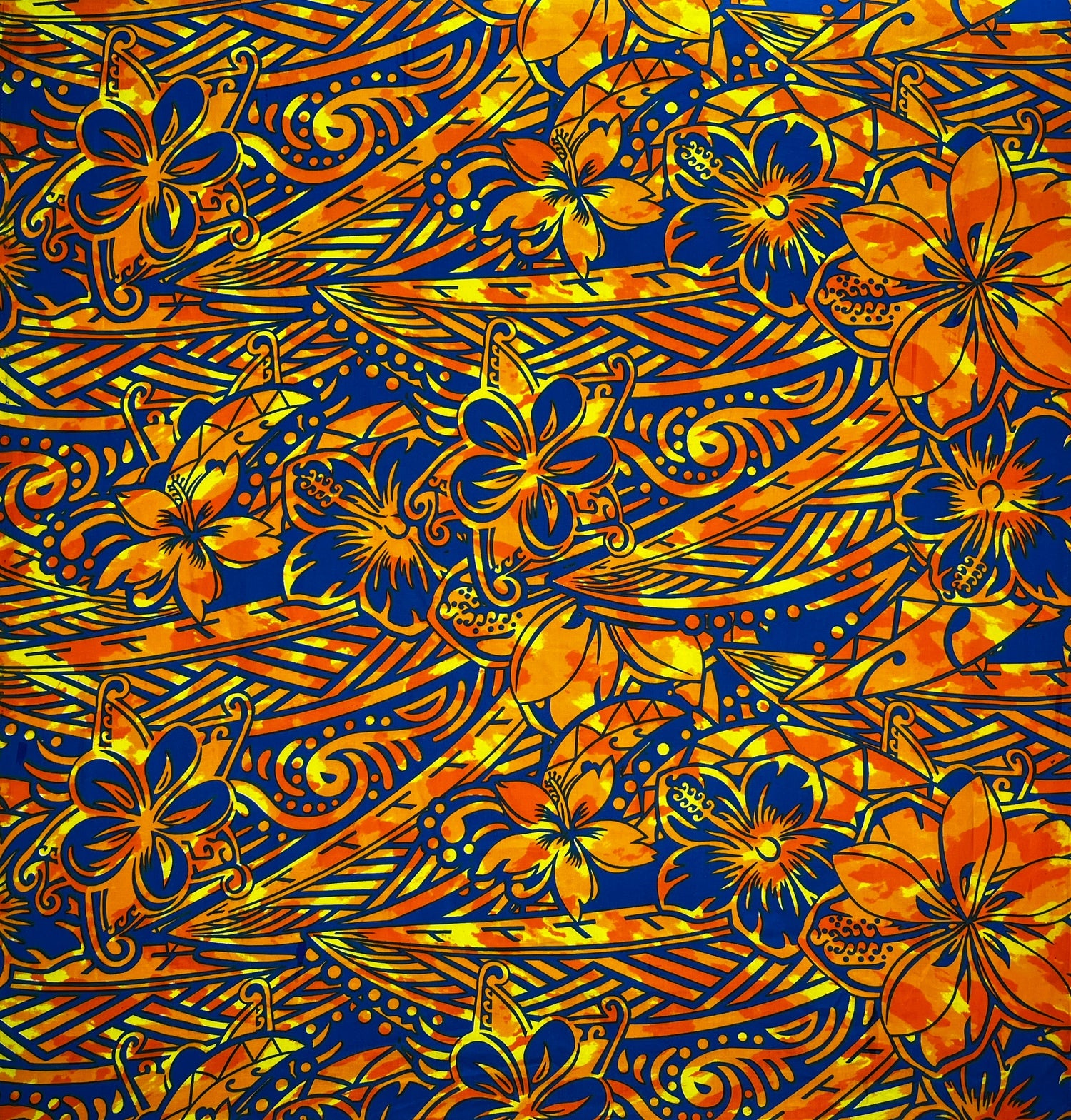 Traditional Polynesian Tattoo Hibiscus Plumeria Swirls Design Cotton Fabric - Blue/ Red, Blue/ Grey, Red/ White, Orange/ Blue, Green/ Navy, 36" X 45" (1 Yard)