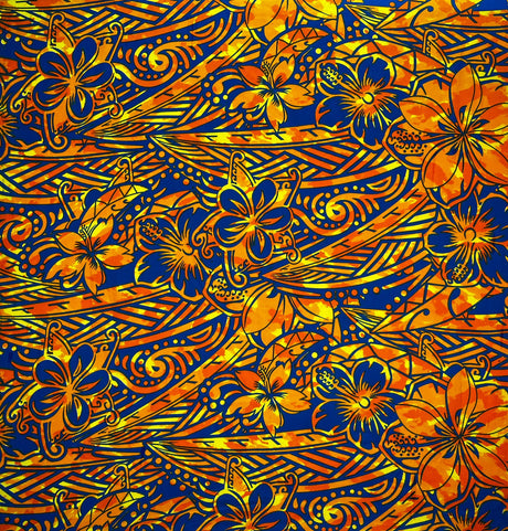Traditional Polynesian Tattoo Hibiscus Plumeria Swirls Design Cotton Fabric - Orange/ Blue, Blue/ Grey, Red/ White, Blue/ Red, Green/ Navy, 36" X 45" (1 Yard)