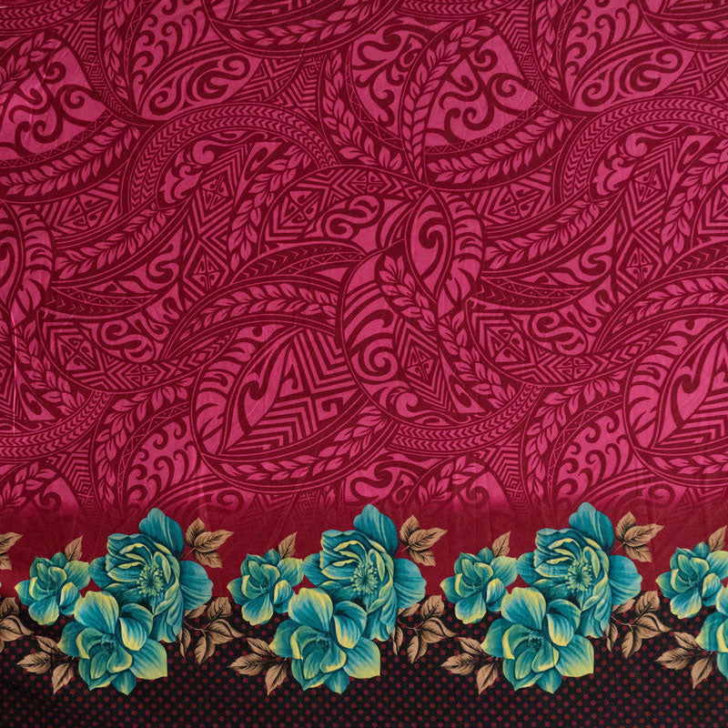 Traditional Polynesian Tattoo Rose Polka Dot Border Peachskin Fabric - Red, Lime Green, Royal, Fuchsia, Teal, 45" Width (1 Yard)