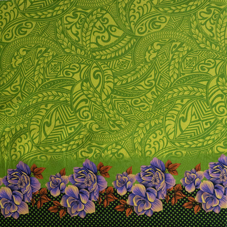 Traditional Polynesian Tattoo Rose Polka Dot Border Peachskin Fabric - Red, Lime Green, Royal, Fuchsia, Teal, 45" Width (1 Yard)
