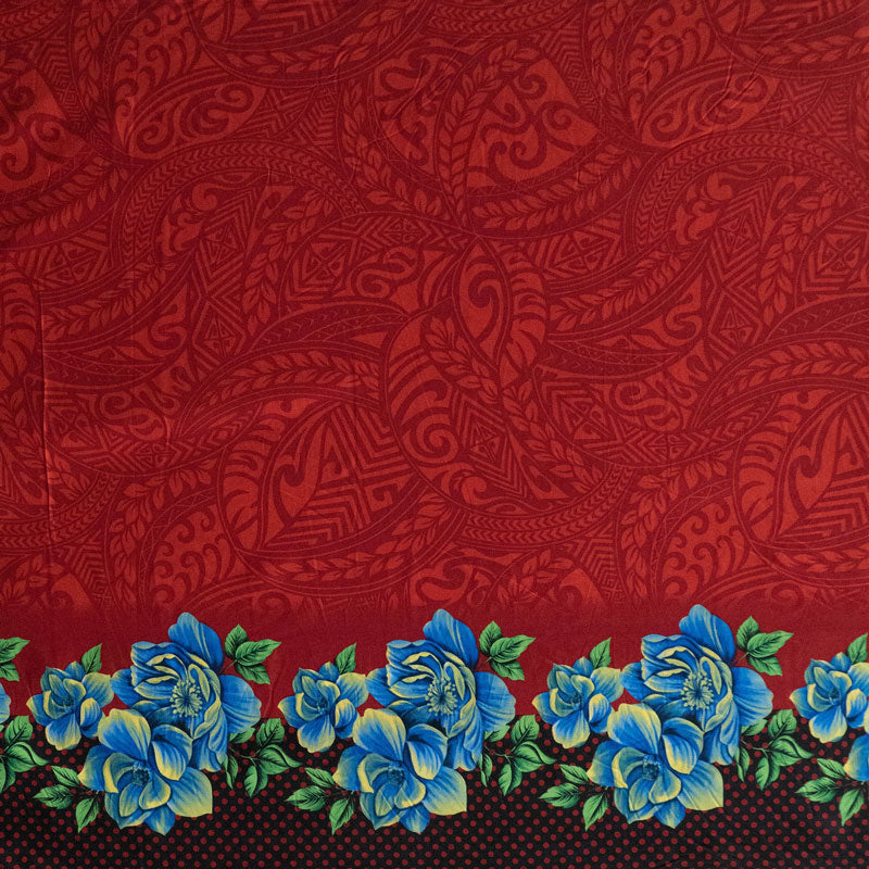 Traditional Polynesian Tattoo Rose Polka Dot Border Peachskin Fabric - Red, Lime Green, Royal, Fuchsia, Teal, 45" Width (1 Yard)
