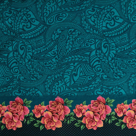 Peachskin Fabric Traditional Polynesian Tattoo Rose Polka Dot Border