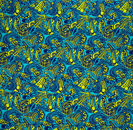 Traditional Polynesian Tattoo Swirl All Over Design Cotton Fabric - Mint/Orange, Yellow/Red, Blue/Green, 45" Width (1 Yard)