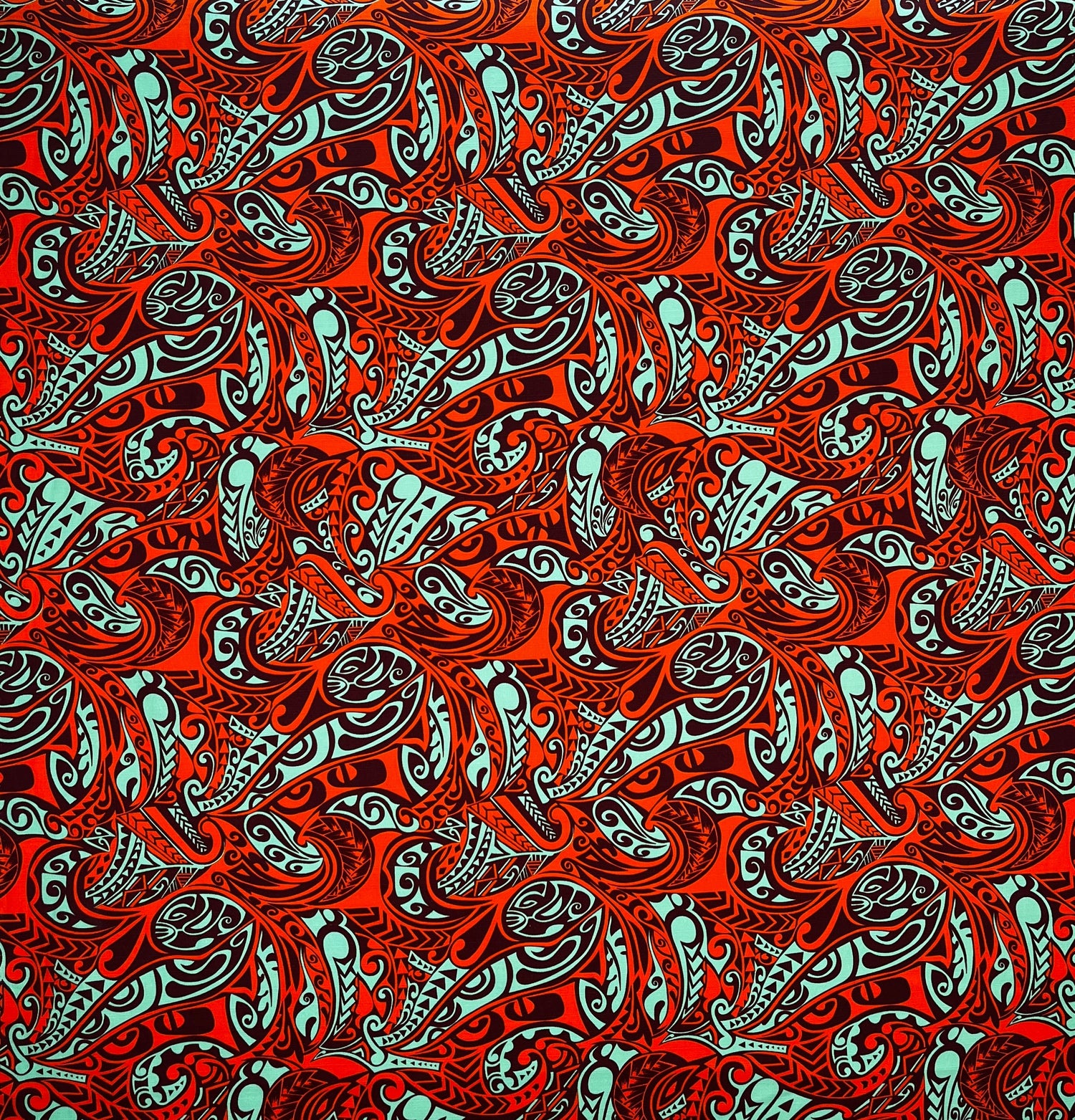 Traditional Polynesian Tattoo Swirl All Over Design Cotton Fabric - Mint/Orange, Yellow/Red, Blue/Green, 45" Width (1 Yard)