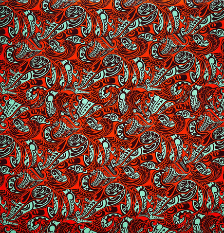 Traditional Polynesian Tattoo Swirl All Over Design Cotton Fabric - Mint/Orange, Yellow/Red, Blue/Green, 45" Width (1 Yard)