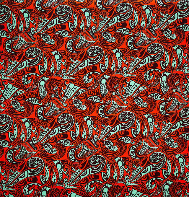 Traditional Polynesian Tattoo Swirl All Over Design Cotton Fabric - Mint/Orange, Yellow/Red, Blue/Green, 45" Width (1 Yard)
