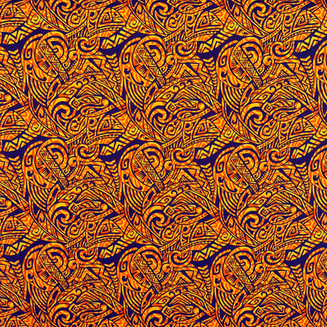 Traditional Polynesian Tattoo Swirl Design Cotton Light Barkcloth Fabric - Jet Black Tribal Swirl, 36" X 45" (1 Yard)