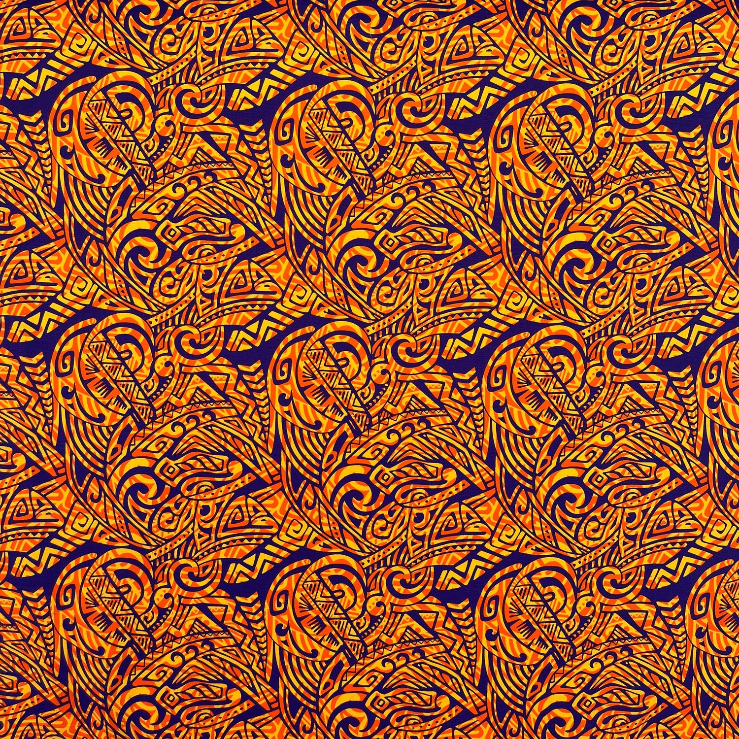 Traditional Polynesian Tattoo Swirl Design Cotton Light Barkcloth Fabric - Jet Black Tribal Print, 36" X 45" (1 Yard)