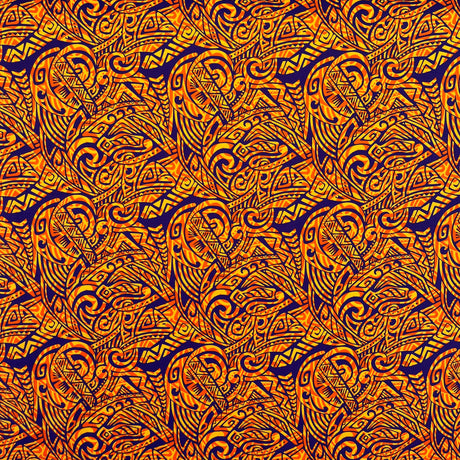 Traditional Polynesian Tattoo Swirl Design Cotton Light Barkcloth Fabric - Jet Black Tribal Print, 36" X 45" (1 Yard)