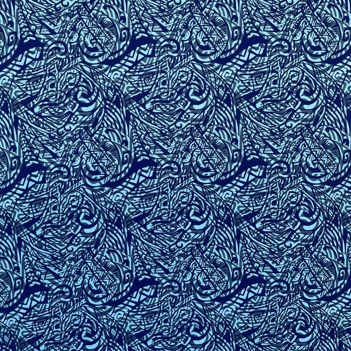 Traditional Polynesian Tattoo Swirl Design Cotton Light Barkcloth Fabric - Jet Black Tribal Print, 36" X 45" (1 Yard)