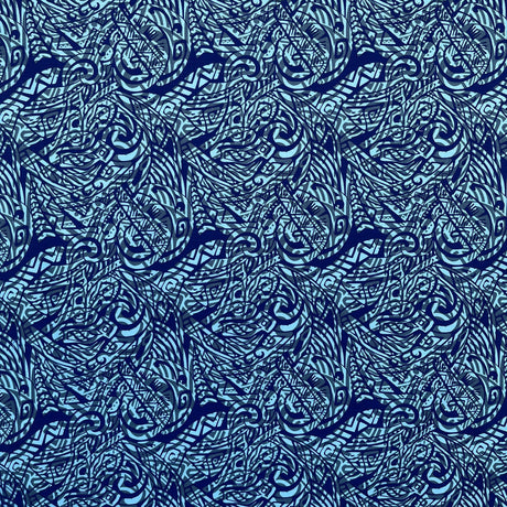 Traditional Polynesian Tattoo Swirl Design Cotton Light Barkcloth Fabric - Jet Black Tribal Print, 36" X 45" (1 Yard)