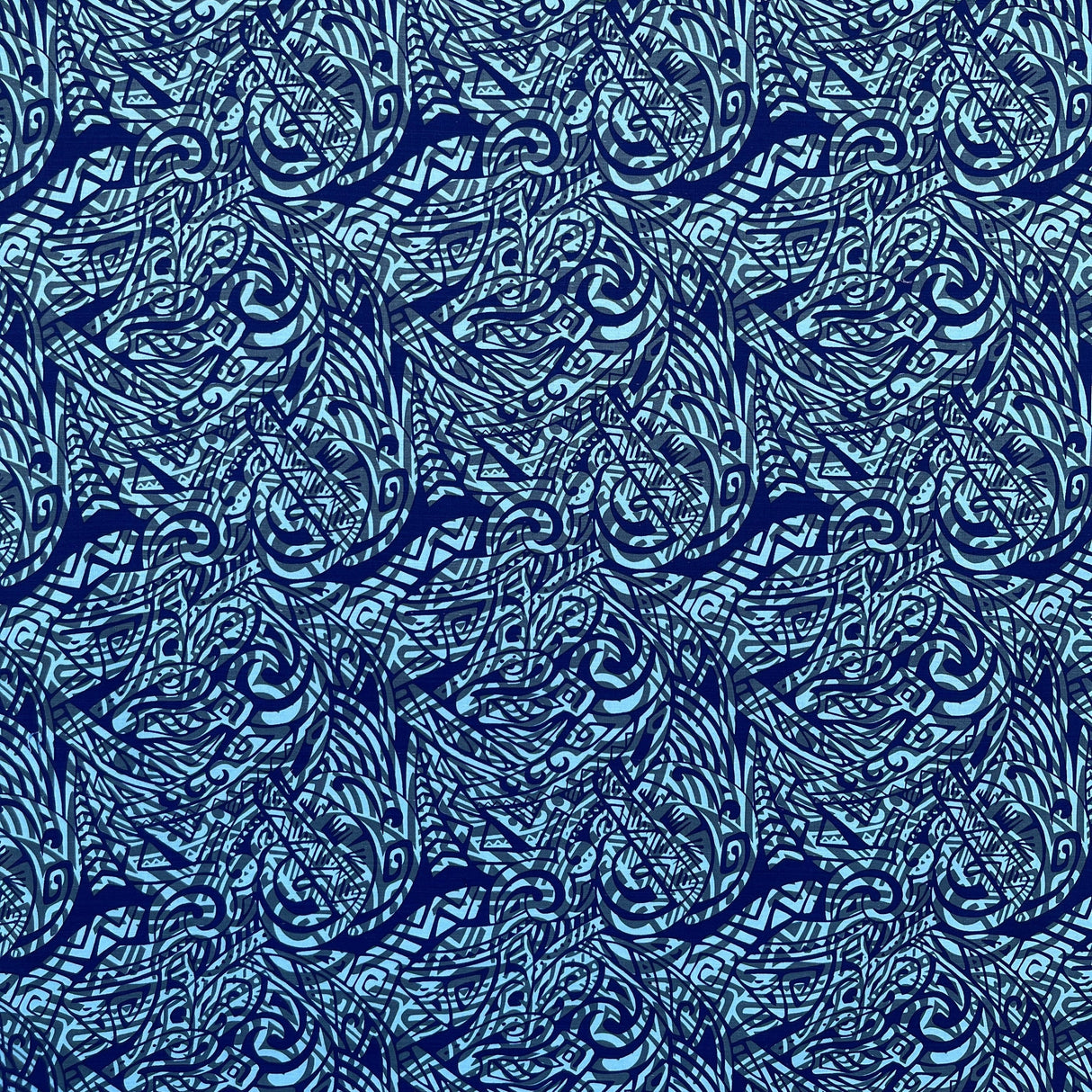 Traditional Polynesian Tattoo Swirl Design Cotton Light Barkcloth Fabric - Jet Black Tribal Swirl, 36" X 45" (1 Yard)