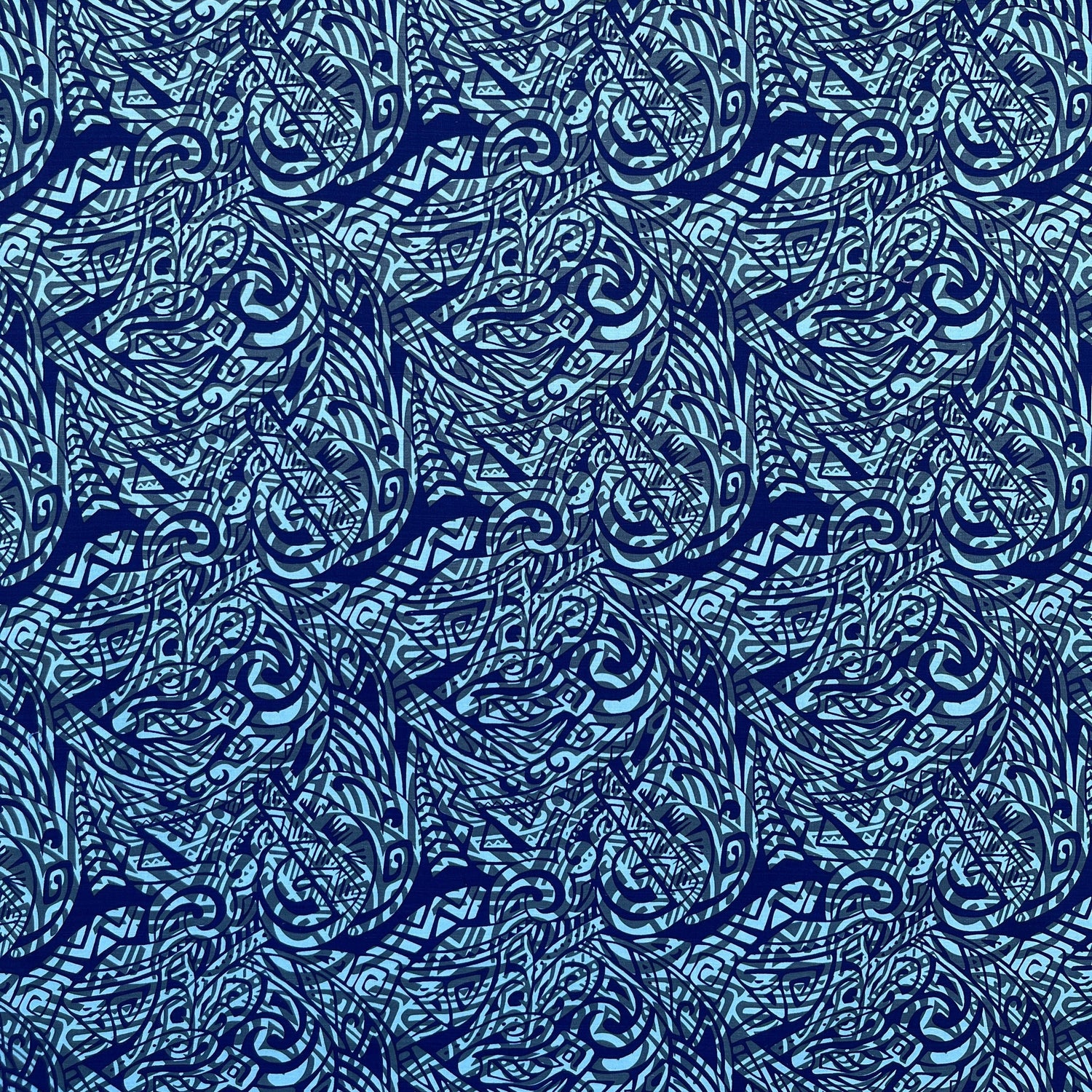 Traditional Polynesian Tattoo Swirl Design Cotton Light Barkcloth Fabric - Jet Black Tribal Swirl, 36" X 45" (1 Yard)