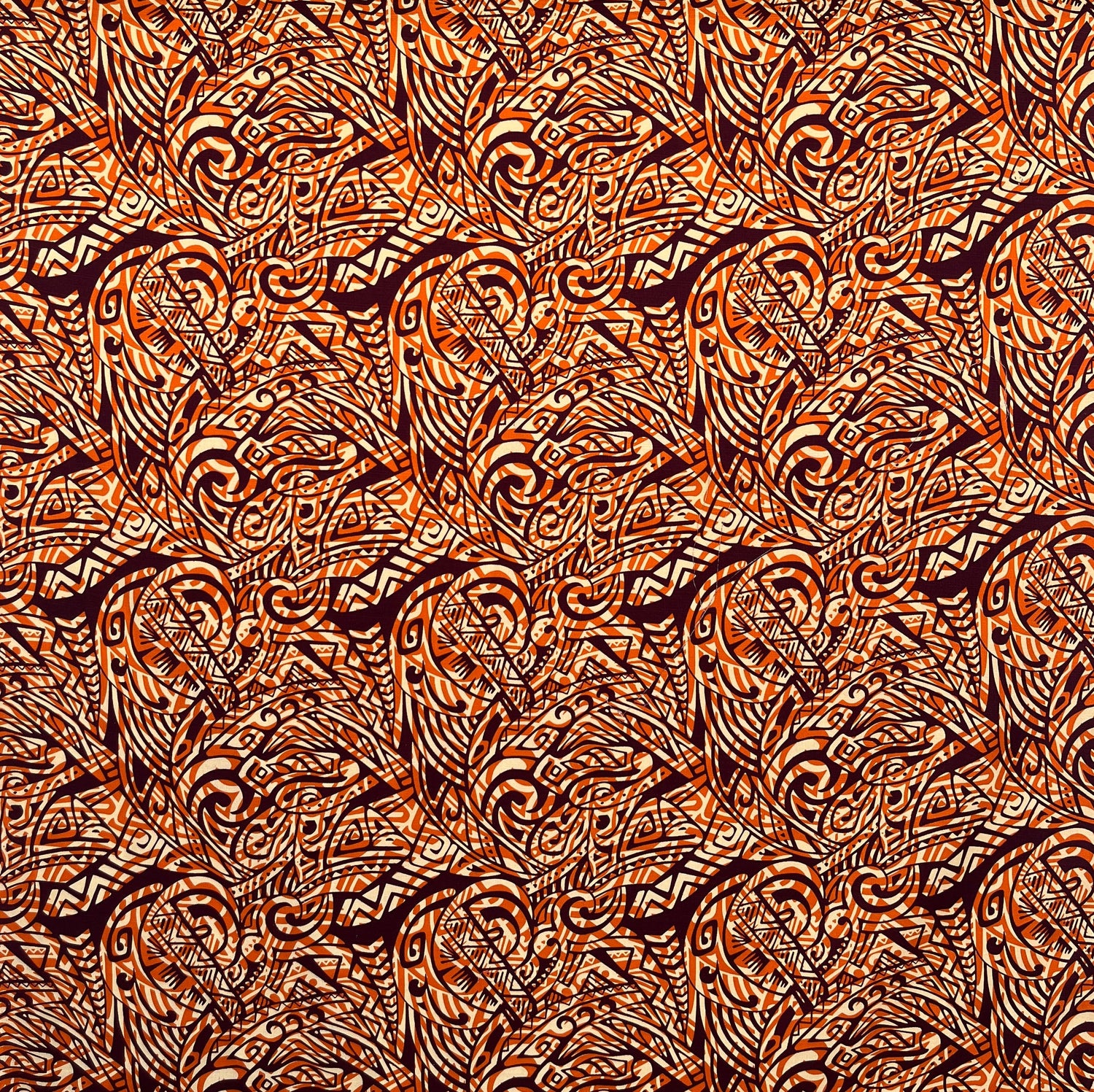 Traditional Polynesian Tattoo Swirl Design Cotton Light Barkcloth Fabric - Jet Black Tribal Print, 36" X 45" (1 Yard)