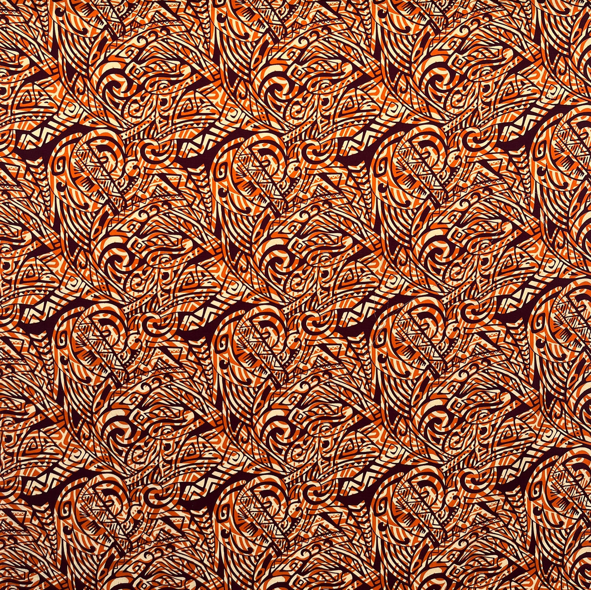 Traditional Polynesian Tattoo Swirl Design Cotton Light Barkcloth Fabric - Jet Black Tribal Swirl, 36" X 45" (1 Yard)