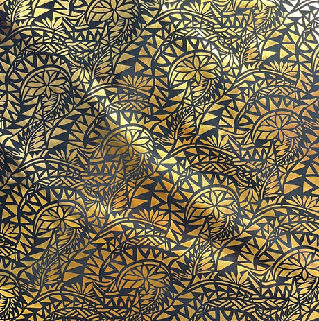 Traditional Polynesian Tattoo Water Lily Design Polyester Foil Fabric - Yellow/ Green, Black/Black, White/Silver, Black & Gold, 36" X 60" (1 Yard)
