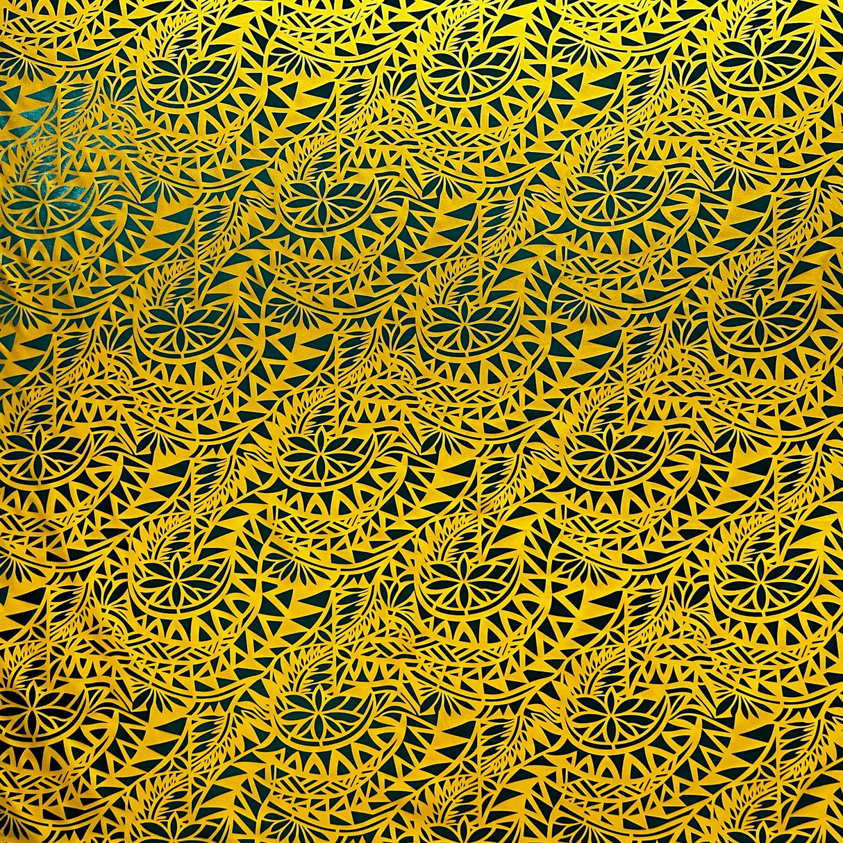 Traditional Polynesian Tattoo Water Lily Design Polyester Foil Fabric - Yellow/ Green, Black/Black, White/Silver, Black & Gold, 36" X 60" (1 Yard)