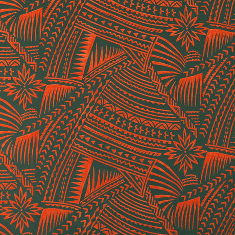 Traditional Polynesian Tattoo With Flower Flocking Polyester Fabric - Tribal Tattoo Print, 60" Width (1 Yard)